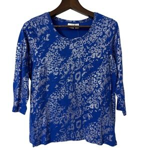 Zenergy by Chicos Gia Foil Animal Print 3/4 Sleeve Top Celeste Blue Size 2 L NWT